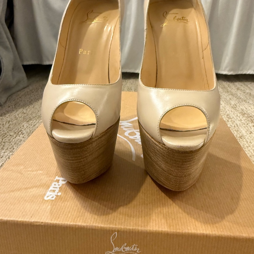 Christian Louboutin Beige Peep Toe Platform Heels